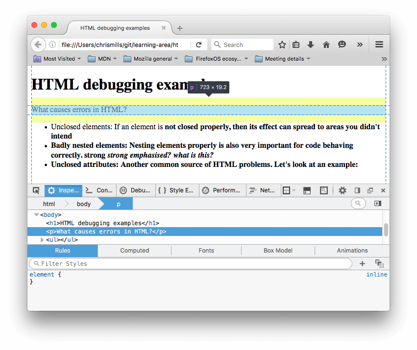اشکالزدایی HTML